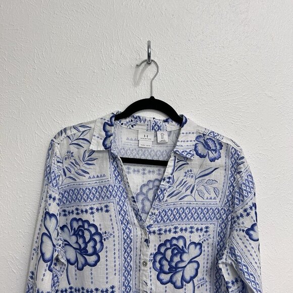 H by Halston 100% Linen Tunic Shirt Blouse Bright White Blue Artsy Floral Sz L - Picture 3 of 11